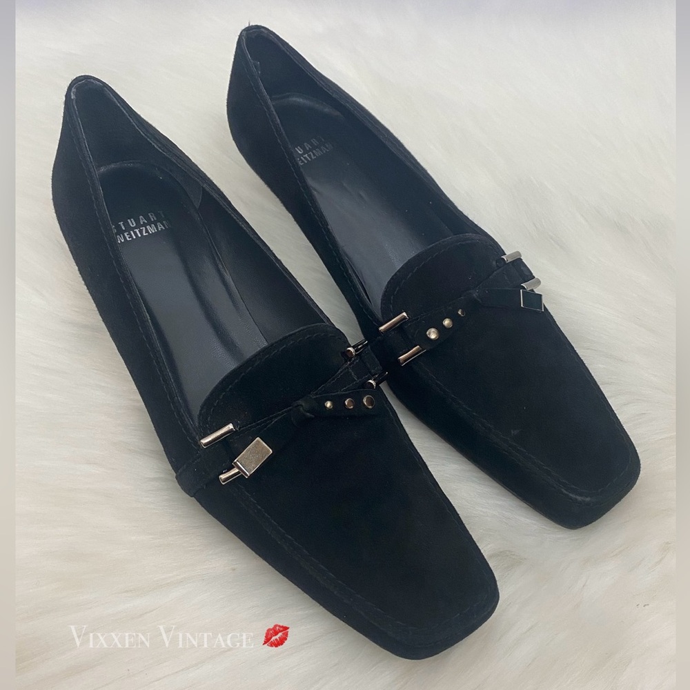 VINTAGE Y2K STUART WEITZMAN SUEDE SQUARE TOE LOAFER KITTEN HEELS IN BLACK